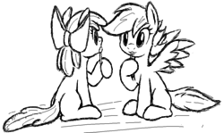 Size: 1134x675 | Tagged: safe, artist:tg-0, apple bloom, scootaloo, earth pony, pegasus, pony, g4, apple bloom's bow, bow, cutie mark crusaders, female, filly, foal, food, hair bow, hoof hold, lollipop, monochrome, simple background, sitting, spread wings, white background, wings