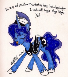 Size: 1133x1274 | Tagged: safe, artist:newyorkx3, princess luna, pony, g4, armor, butt shake, dancing, dialogue, helmet, lmfao, prince artemis, rule 63, sexy and i know it (lmfao), silly, silly pony, solo, traditional art