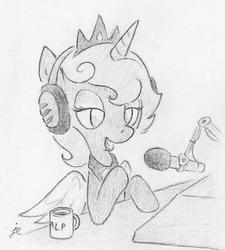 Size: 542x602 | Tagged: safe, artist:swiftcutter, princess luna, pony, g4, female, headphones, microphone, monochrome, radio, solo, table, traditional art
