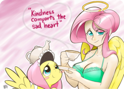 Size: 2400x1732 | Tagged: safe, artist:mrw32, fluttershy, human, pegasus, pony, g4, adorasexy, balancing, blush sticker, blushing, bra, breasts, busty fluttershy, cleavage, clothes, colored pupils, cute, eye clipping through hair, female, fluttermaid, frilly underwear, halo, heart, human ponidox, humanized, lidded eyes, lingerie, looking at you, maid, pink background, self ponidox, sexy, shyabetes, simple background, smiling, spread wings, steam, tea, teacup, teapot, transparent background, underwear, winged humanization