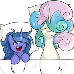 Size: 500x500 | Tagged: safe, artist:kloudmutt, princess celestia, princess luna, alicorn, pony, g4, annoyed, bed mane, blushing, cute, eyes closed, hair over one eye, messy mane, on back, open mouth, s1 luna, smiling