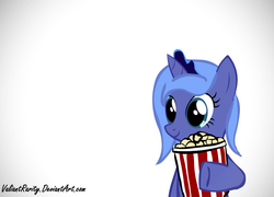 Size: 1159x835 | Tagged: dead source, safe, artist:valiantrarity, princess luna, pony, g4, crown, everyday life, female, filly, food, jewelry, nichijou, popcorn, regalia, simple background, smiling, solo, white background, woona