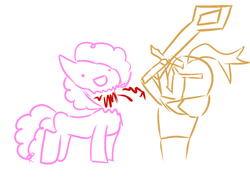 Size: 592x432 | Tagged: safe, artist:opal, pinkie pie, earth pony, human, pony, g4, blood, decapitated, decapitation, murder, severed head, smiling, sword, weapon