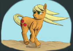 Size: 937x664 | Tagged: safe, artist:dragon-commando, artist:widjetarcs, applejack, g4, angry, hatless, loose hair, missing accessory