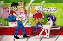 Size: 1456x955 | Tagged: safe, artist:newyorkx3, rarity, oc, oc:tommy, human, g4, dialogue, non-mlp oc, self insert, shopping, traditional art