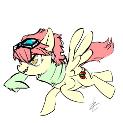 Size: 600x600 | Tagged: artist needed, source needed, safe, clothes, flcl, full body, goggles, haruhara haruko, ponified, scarf, side view, simple background, solo, spread wings, teeth, white background, wings