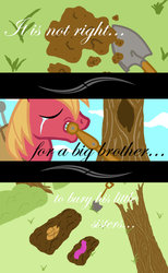 Size: 701x1139 | Tagged: safe, artist:aguantegrimtales, apple bloom, applejack, big macintosh, earth pony, pony, g4, apple bloom's bow, applejack's hat, bow, buried, cowboy hat, crying, death, dirt, feels, grass, grave, hair bow, hat, implied apple bloom, implied applejack, implied death, male, memorial, outdoors, sad, shovel, solo, stallion, the implications are horrible, tree, unfortunate implications