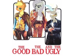 Size: 500x375 | Tagged: safe, applejack, discord, fluttershy, g4, bad photomanip, discorded, flutterbitch, the good the bad and the ugly