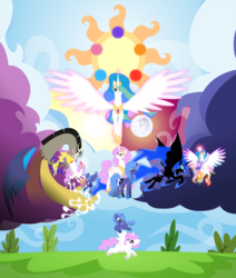 Size: 1280x1511 | Tagged: safe, artist:mdsk-rb, discord, nightmare moon, princess celestia, princess luna, pony, g4, elements of harmony, filly, moon, sun, woona