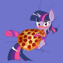 Size: 894x894 | Tagged: safe, artist:no-ink, edit, twilight sparkle, pony, g4, blushing, clothes, female, food, meat, pepperoni, pepperoni pizza, pizza, ponies eating meat, socks, solo