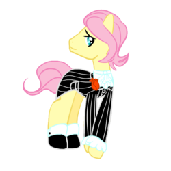 Size: 600x600 | Tagged: safe, artist:anaxboo, fluttershy, pegasus, pony, g4, butterscotch, clothes, cravat, flower, pinstripes, rose, rule 63, solo, suit, tuxedo