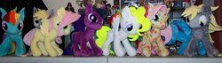 Size: 1280x364 | Tagged: safe, artist:dludnerad, derpy hooves, fluttershy, rainbow dash, surprise, twilight sparkle, pegasus, pony, g1, g4, female, g1 to g4, generation leap, irl, mare, photo, plushie