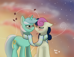 Size: 2200x1700 | Tagged: safe, artist:cat4lyst, bon bon, lyra heartstrings, sweetie drops, earth pony, pony, unicorn, g4, autumn, bedroom eyes, blushing, clothes, female, leaves, lesbian, scarf, shared clothing, shared scarf, ship:lyrabon, shipping, stars, twilight (astronomy)