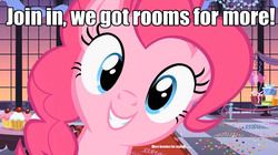 Size: 1280x719 | Tagged: safe, edit, edited screencap, screencap, pinkie pie, g4, sweet and elite, bronybait, fourth wall, grin, happy, hi anon, image macro, meme, party, smiling