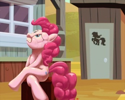 Size: 1500x1200 | Tagged: safe, artist:themotaro, pinkie pie, earth pony, pony, g4, the last roundup, bathroom denial, crossed legs, crying, desperation, dodge junction, female, gritted teeth, hooves between legs, looking up, need to pee, omorashi, outhouse, potty emergency, potty time, scene interpretation, sitting, solo, sweat