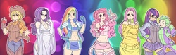 Size: 3000x938 | Tagged: safe, artist:maniacpaint, applejack, fluttershy, pinkie pie, rainbow dash, rarity, spike, twilight sparkle, human, g4, apple, breasts, chaps, cleavage, clothes, dress, female, food, humanized, male, mane seven, mane six, skirt