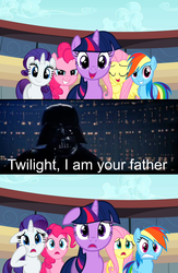 Size: 1262x1932 | Tagged: safe, edit, edited screencap, screencap, fluttershy, pinkie pie, rainbow dash, rarity, twilight sparkle, earth pony, pegasus, pony, unicorn, g4, the last roundup, darth vader, dialogue, star wars, unicorn twilight