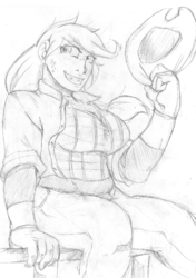 Size: 700x995 | Tagged: safe, artist:sirmasterdufel, applejack, human, g4, applebucking thighs, breasts, busty applejack, female, humanized, monochrome, solo