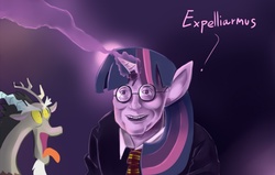 Size: 1116x710 | Tagged: safe, artist:freedomthai, discord, twilight sparkle, g4, glasses, harry potter, harry potter (series), parody