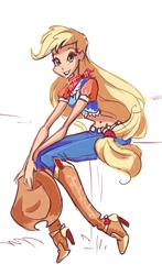 Size: 1931x3292 | Tagged: dead source, safe, artist:holivi, applejack, human, g4, bandana, belly button, female, high heel boots, humanized, midriff, puffy sleeves, sitting, solo, style emulation, winx, winx club, winxified