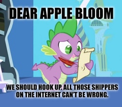 Size: 436x386 | Tagged: safe, edit, edited screencap, screencap, spike, dragon, friendship is magic, g4, caption, female, image macro, letter, male, meme, quill, scroll, ship:spikebloom, shipping, spike's love letters, straight, tongue out, twilight's canterlot home, window
