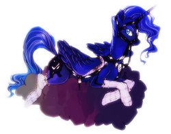 Size: 700x550 | Tagged: safe, artist:muura, princess luna, pony, g4, breeching, bridle, clothes, cloud, corset, female, harness, socks, solo