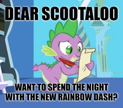 Size: 436x386 | Tagged: safe, edit, edited screencap, screencap, spike, dragon, friendship is magic, g4, caption, image macro, letter, male, meme, quill, scroll, spike's love letters, tongue out, twilight's canterlot home, window