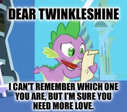 Size: 436x386 | Tagged: safe, edit, edited screencap, screencap, spike, dragon, friendship is magic, g4, caption, hilarious in hindsight, image macro, impact font, implied twinkleshine, letter, male, meme, quill, scroll, spike's love letters, tongue out, twilight's canterlot home, window