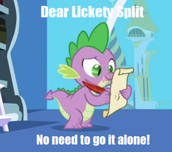 Size: 436x386 | Tagged: safe, edit, edited screencap, screencap, baby lickety-split, spike, dragon, friendship is magic, g1, g4, caption, desperation, g1 reference, i'll go it alone, image macro, letter, male, quill, scroll, spike's love letters, tongue out, twilight's canterlot home, window