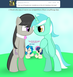 Size: 900x942 | Tagged: safe, artist:erthilo, bon bon, dj pon-3, lyra heartstrings, octavia melody, sweetie drops, vinyl scratch, earth pony, pony, unicorn, ask octavia, g4, ask, bipedal, eye contact, female, looking at each other, mare, prone, standing, tumblr