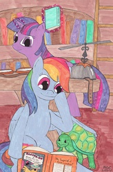 Size: 2101x3196 | Tagged: safe, artist:enigmaticthief, daring do, rainbow dash, tank, twilight sparkle, g4, golden oaks library, high res, library, reading, traditional art