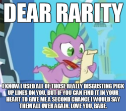 Size: 400x354 | Tagged: safe, edit, edited screencap, screencap, spike, dragon, friendship is magic, g4, my little pony: friendship is magic, caption, image macro, letter, male, meme, quill, scroll, spike's love letters, tongue out, twilight's canterlot home, window