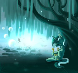 Size: 1066x1000 | Tagged: safe, artist:ls_skylight, lyra heartstrings, pony, g4, eyes closed, female, glowing, lyre, musical instrument, solo, tree