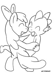 Size: 750x1000 | Tagged: safe, artist:caluriri, apple bloom, spike, g4, dancing, female, interspecies, male, monochrome, ship:spikebloom, shipping, straight
