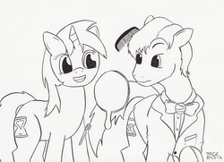 Size: 2794x2024 | Tagged: safe, artist:enigmaticthief, doctor whooves, minuette, time turner, earth pony, pony, unicorn, g4, brushie, eleventh doctor, high res, monochrome, traditional art