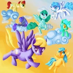 Size: 1780x1779 | Tagged: safe, artist:paintrolleire, blueberry punch, cloud kicker, cotton cloudy, lightning bolt, spring melody, sprinkle medley, starburst (g4), sunshower raindrops, white lightning, pegasus, pony, unicorn, g4, cloud, female, horn, male, mare, stallion