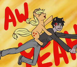 Size: 693x600 | Tagged: safe, artist:kamdensl, applejack, earth pony, pony, g4, angry, cross-popping veins, crossover, duo, eyes closed, female, glare, homestuck, karkat vantas, male, mare, open mouth, ponies riding humans, ponies riding trolls, riding, simple background, smiling, troll (homestuck), yellow background