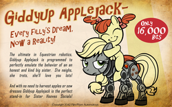 Size: 900x560 | Tagged: safe, artist:pixelkitties, apple bloom, applejack, robot, g4, applebot, fallout, fallout 3, giddyup buttercup, hatless, missing accessory, parody, unamused