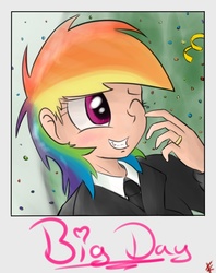 Size: 950x1200 | Tagged: safe, artist:crade, rainbow dash, human, g4, clothes, confetti, humanized, ring, suit, text, wedding