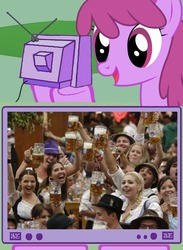 Size: 604x827 | Tagged: safe, berry punch, berryshine, human, pony, g4, beer, clothes, dirndl, dress, exploitable meme, irl, irl human, meme, oktoberfest, photo, tv meme