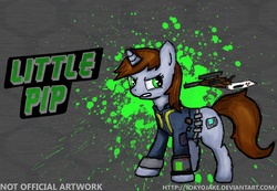 Size: 2600x1800 | Tagged: dead source, safe, artist:tokyojake, oc, oc only, oc:littlepip, pony, unicorn, fallout equestria, fighting is magic, abstract background, clothes, cutie mark, fanfic, fanfic art, female, glowing horn, gun, handgun, hooves, horn, jumpsuit, levitation, little macintosh, magic, mare, optical sight, pipboy, pipbuck, revolver, solo, teeth, telekinesis, text, vault suit, weapon