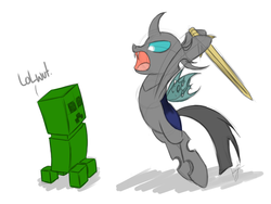 Size: 1280x960 | Tagged: safe, artist:kyroking, changeling, creeper (minecraft), crossover, cute, lolwut, minecraft, wooden sword