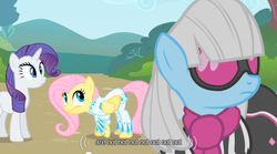 Size: 640x355 | Tagged: safe, screencap, fluttershy, photo finish, rarity, g4, green isn't your color, nudie suit, youtube caption