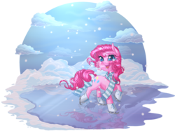Size: 1318x988 | Tagged: safe, artist:kittehkatbar, pinkie pie, earth pony, pony, g4, blushing, clothes, cloud, cute, diapinkes, female, ice, ice skates, ice skating, scarf, simple background, snow, solo, transparent background, winter