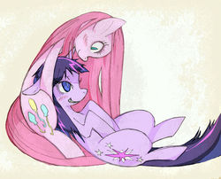 Size: 919x742 | Tagged: safe, artist:moyamoya kuroi, pinkie pie, twilight sparkle, pony, unicorn, g4, blush sticker, blushing, female, floppy ears, grin, lesbian, lying down, on back, pinkamena diane pie, pixiv, ship:twinkie, shipping, twilight snapple, unicorn twilight