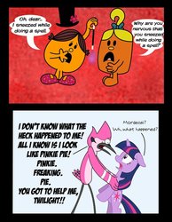 Size: 787x1015 | Tagged: safe, artist:abigail m., twilight sparkle, bird, blue jay, pony, unicorn, g4, bipedal, crossover, eye contact, floppy ears, frown, implied pinkie pie, little miss, little miss curious, little miss magic, magic, male, mordecai, mr. men, mr. men little miss, open mouth, pink, regular show, the mr. men show, wide eyes