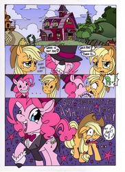 Size: 1000x1377 | Tagged: safe, alternate version, artist:mohawkrex, artist:whysoseriouss, applejack, pinkie pie, earth pony, pony, comic:a piece of pie, g4, ..., applejack is not amused, applejack the anti-shipper, barn, candy, clothes, comic, coughing, duo, eyes closed, female, food, grin, hat, huff, interrupted, kiss on the lips, kissing, lesbian, mare, onomatopoeia, open mouth, open smile, ship:applepie, shipping, shipping denied, shrunken pupils, smiling, smooch, sound effects, stars, surprise kiss, sweet apple acres, the amazing pinkie pie, tongue out, top hat, tuxedo, unamused