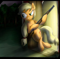 Size: 900x898 | Tagged: safe, artist:rule1of1coldfire, applejack, earth pony, pony, g4, 2012, bipedal, female, gun, shotgun, solo, weapon