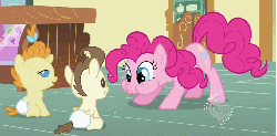 Size: 820x406 | Tagged: safe, screencap, pinkie pie, pound cake, pumpkin cake, pony, baby cakes, g4, animated, baby, baby eyes, baby pony, diaper, diapered, diapered colt, diapered filly, diapered foals, happy, happy babies, hub logo, one month old colt, one month old filly, one month old foals, puffy cheeks, raspberry, tongue out, white diapers