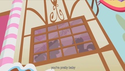 Size: 1344x756 | Tagged: safe, screencap, pinkie pie, twilight sparkle, bridle gossip, g4, out of context, ship:twinkie, shipping, window, youtube caption